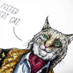 Painting of the face of a Bobcat wearing a very smart outfit saying “I prefer Robert Cat” on a white background