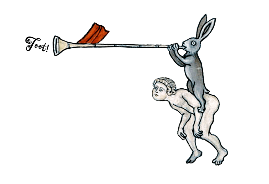 hare riding man toot trumpet