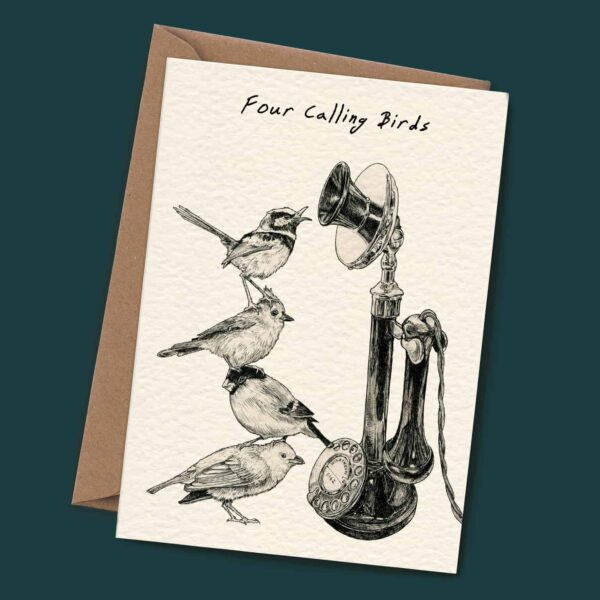 Four Calling Birds Christmas Card - Quirky Christmas Card - Bewilderbeest